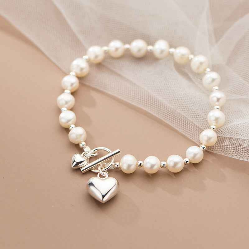 S925 Sterling Silver Love Pearl Bracelet – Elegant Heart Design for Feminine Charm