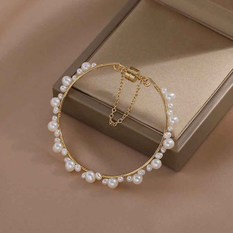 Woven Freshwater Pearl Bracelet - Original Design with Mother Pearl Shell Accent