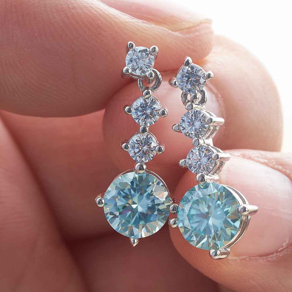 Blue Moissanite Stud Earrings – 6.5mm, Sterling Silver Setting, Exquisite Faceted Brilliance