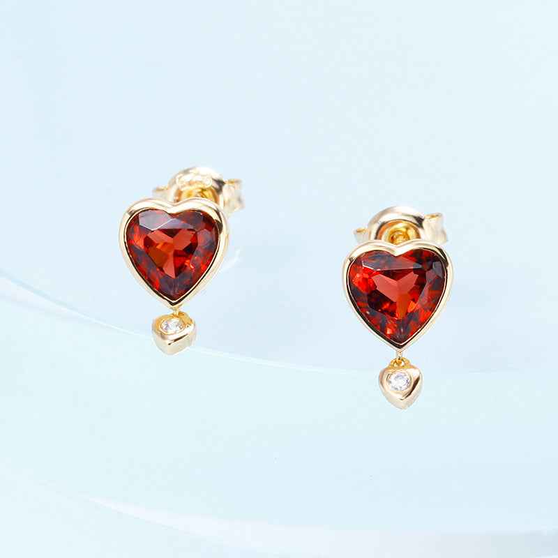 Natural Garnet Heart Stud Earrings in 925 Sterling Silver with Zircon Accents – Romantic Gemstone Jewelry