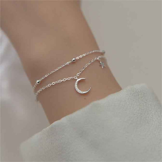 Double Layer Star Moon Bracelet - Minimalist Geometric Design in Electroplated Copper, Perfect Travel Gift