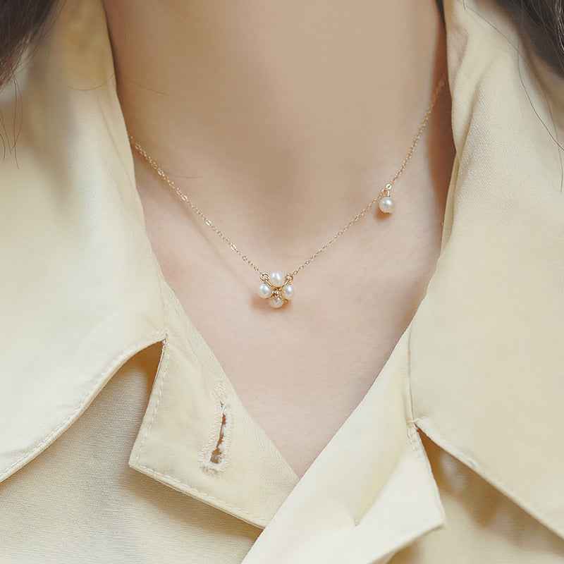 Natural Freshwater Pearl Necklace with 14K Gold-Plated Clover and Mother of Pearl Pendant, Adjustable Length