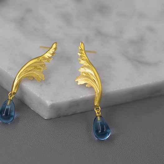 Greek Embossed Ranunculus Earrings - Sterling Silver with Gemstones and Gold-Plated Ear Clips