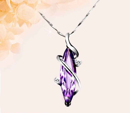 Purple Crystal Pendant Necklace in S925 Sterling Silver – Four Leaf Clover or Love Design