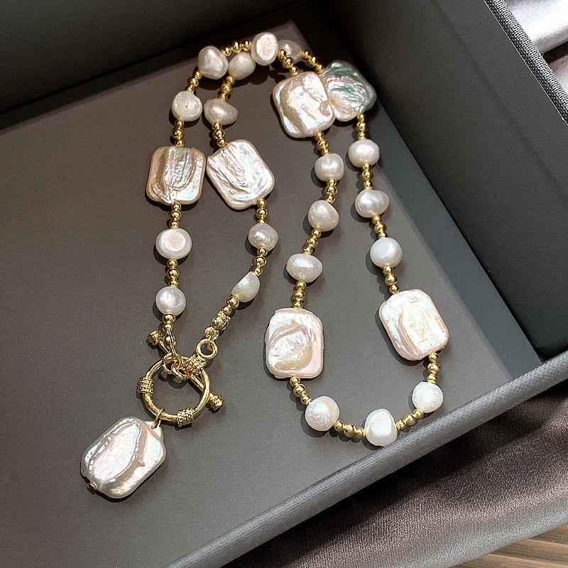 Baroque Pearl Toggle Necklace - Modern Classic with Mother of Pearl and Ball Bead Chain