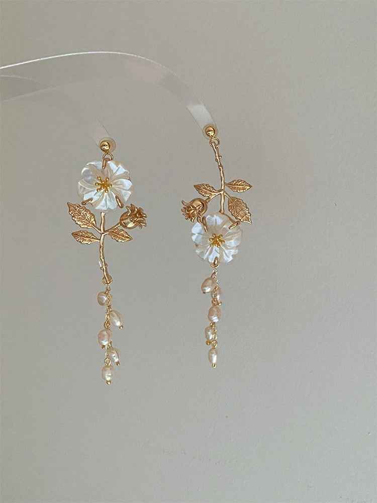 Handmade Pearl Stud Earrings - Vintage Mother of Pearl with Natural Pearls and Gold-Plated Copper