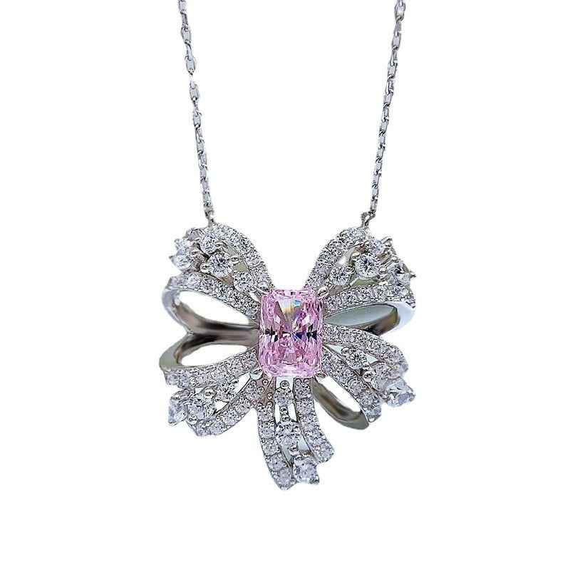 Luxury Pink Butterfly Necklace – 925 Sterling Silver Pendant with Curb Chain and Crystal Accents