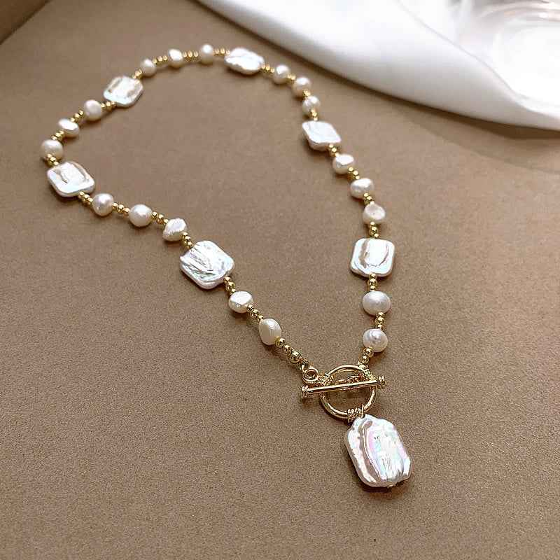 Baroque Pearl Toggle Necklace - Modern Classic with Mother of Pearl and Ball Bead Chain