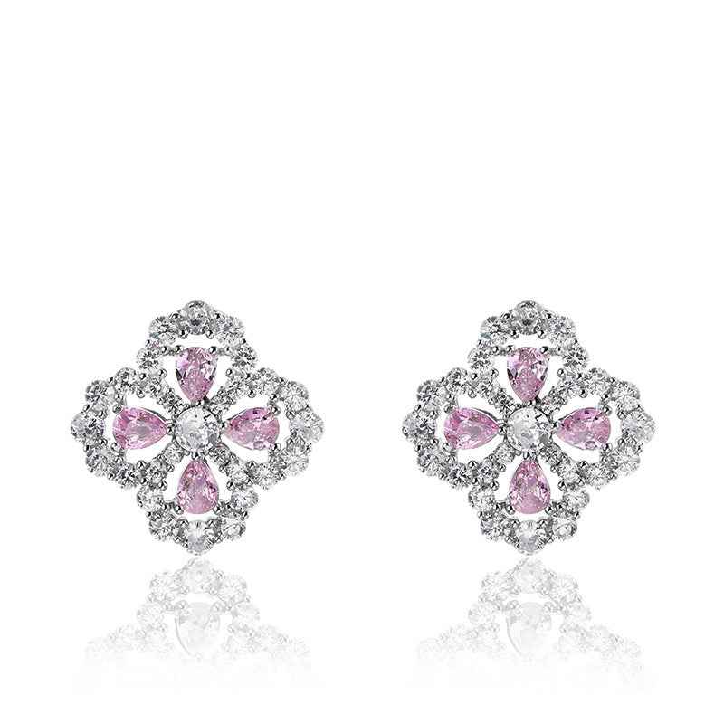 Four-Leaf Clover Earrings with Pink or White Zircon Stones – Silver Lucky Flower Jewelry