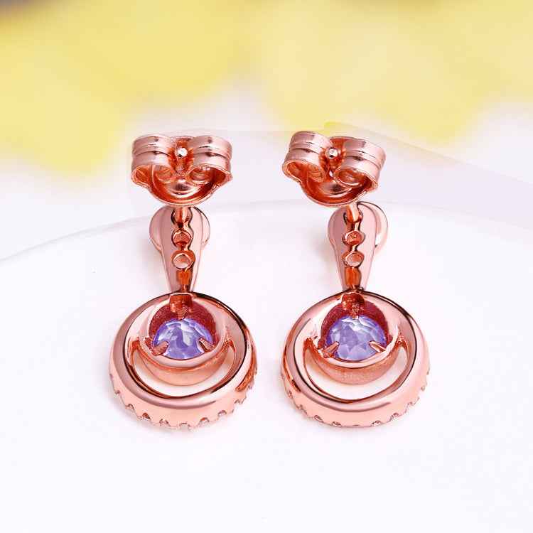 Rose Gold Amethyst Earrings - Halo Drop Design