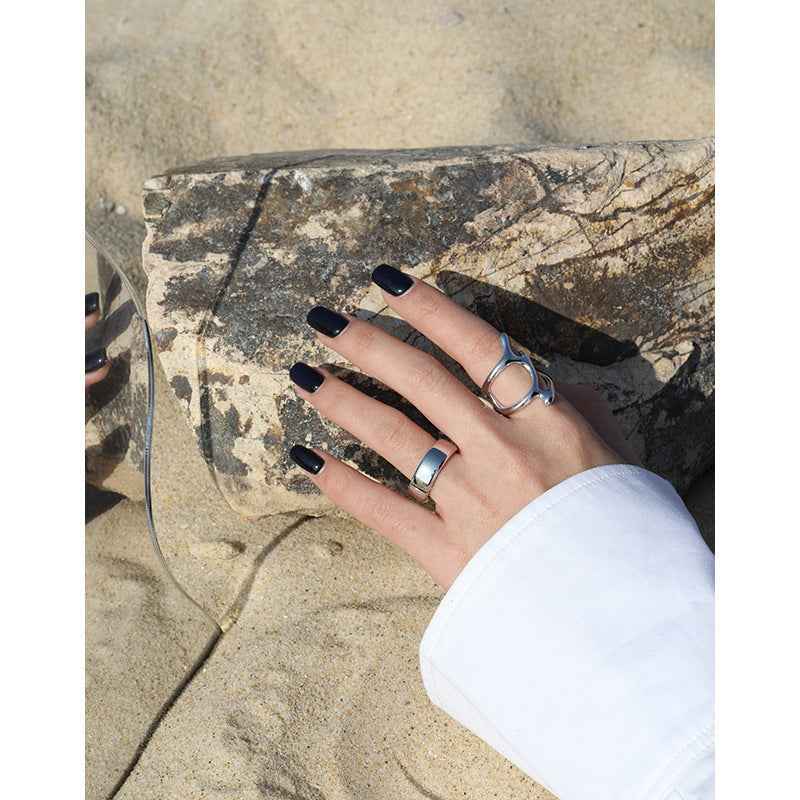 Cold Wind Hollow Textured Sterling Silver Adjustable Ring – S925 Minimalist Geometric Band for Women's Edgy Modern Jewelry