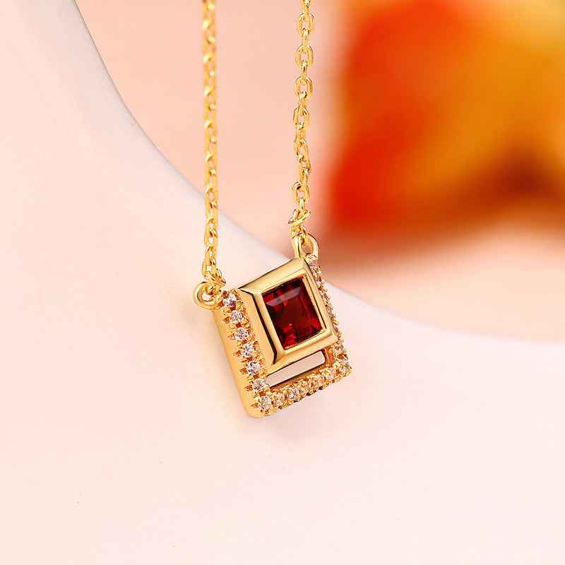 Natural Red Garnet Pendant Necklace in Gold-Plated S925 Sterling Silver with Adjustable Chain