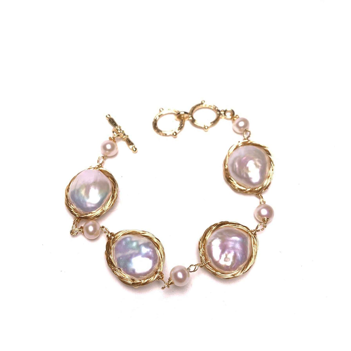Luxury Freshwater Pearl Gold Bracelet with 14K Gold - Large 14mm Button Pearls, Double Loop or Single Ring