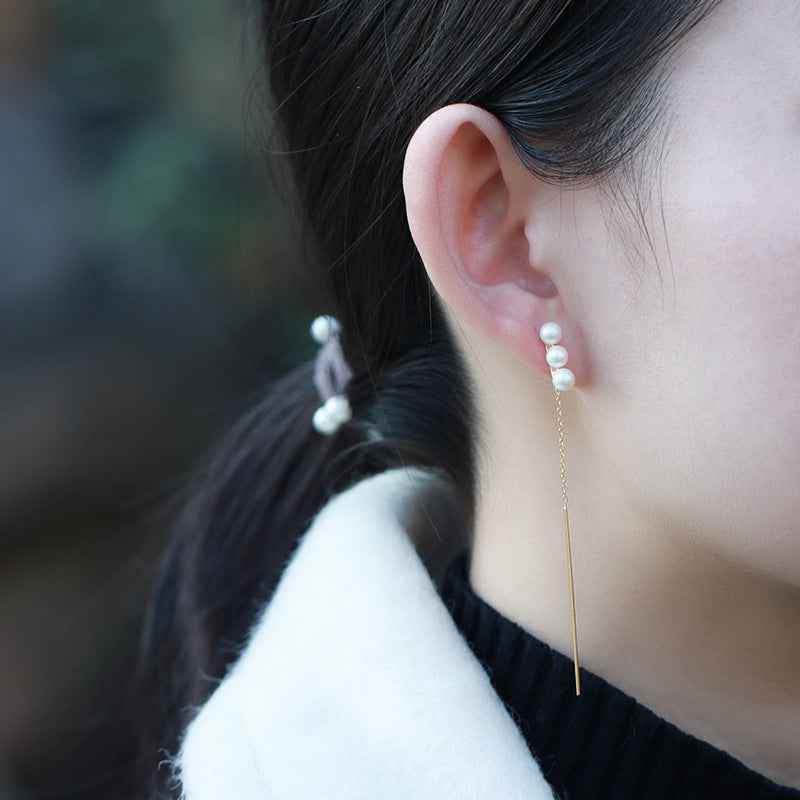 Natural Pearl Tassel Drop Earrings - Silver-Plated Linear Bar Design for Fashionable Office Style