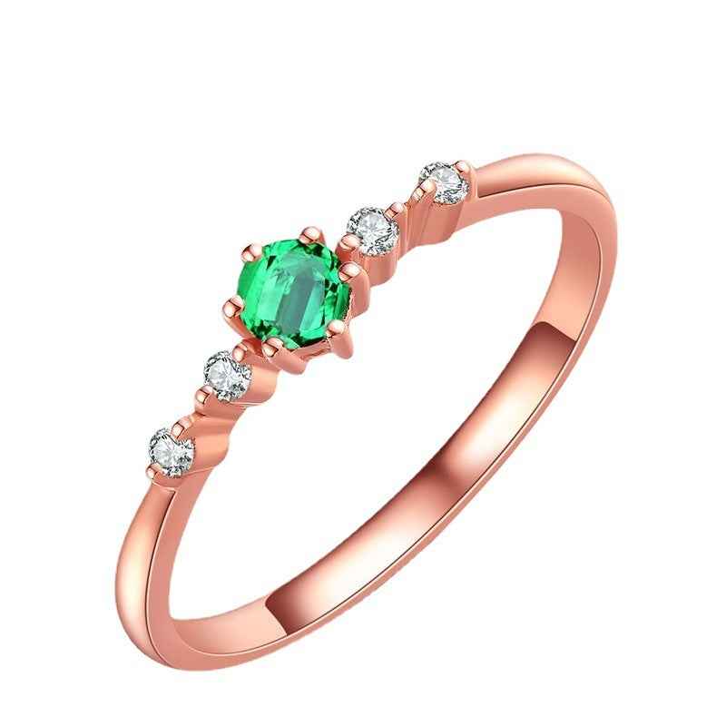 Rose Gold-Plated Geometric Ring with Sterling Silver Simulated Emerald Inlay - Sizes 6-10