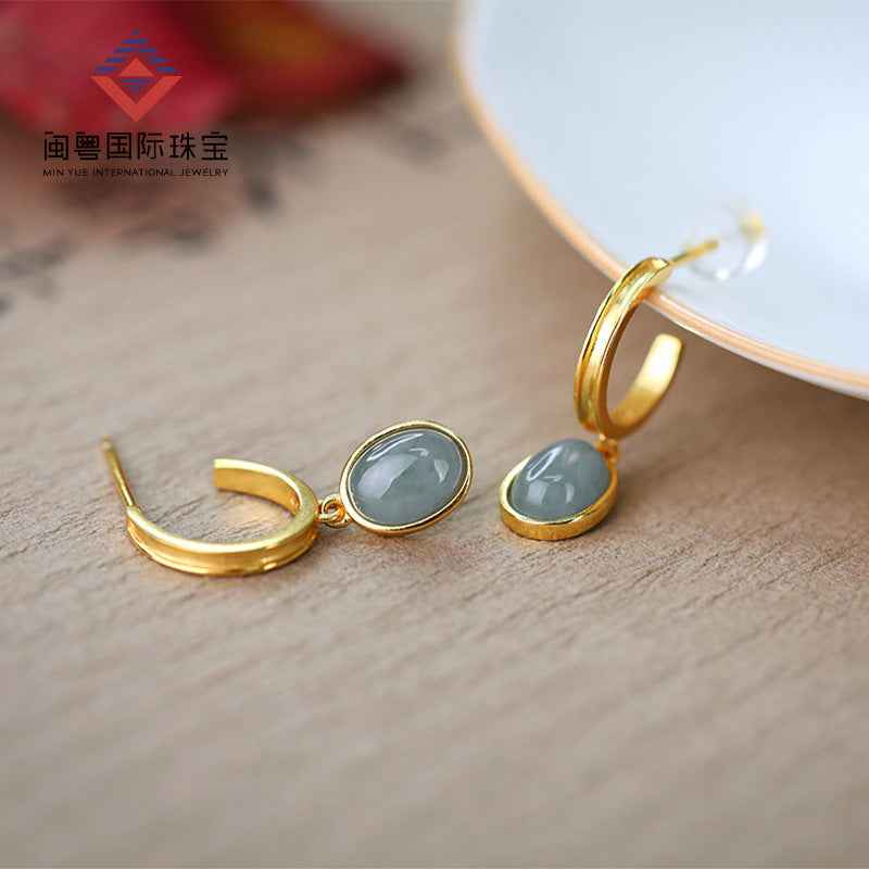 Natural Jade Egg Earrings – 925 Sterling Silver, Gold-Plated, Modern Chinese Design
