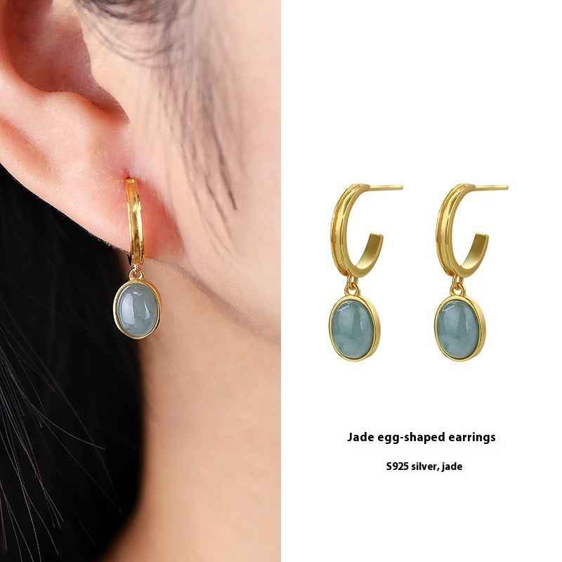 Natural Jade Egg Earrings – 925 Sterling Silver, Gold-Plated, Modern Chinese Design