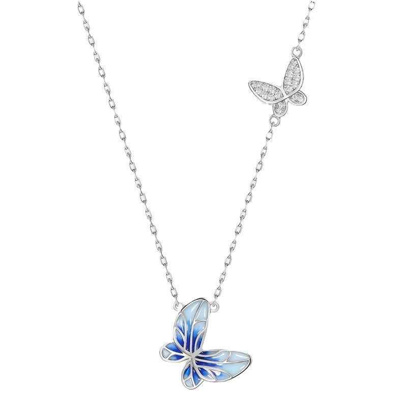 Enamel Butterfly Necklace in Platinum-Plated 925 Sterling Silver – Colorful Drip Finish for Office Lady Style