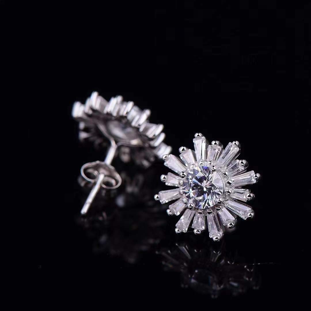 Moissanite Daisy Stud Earrings – D Color, Hearts & Arrows Cut, Sterling Silver, 0.5ct or 1ct Total - Eterna