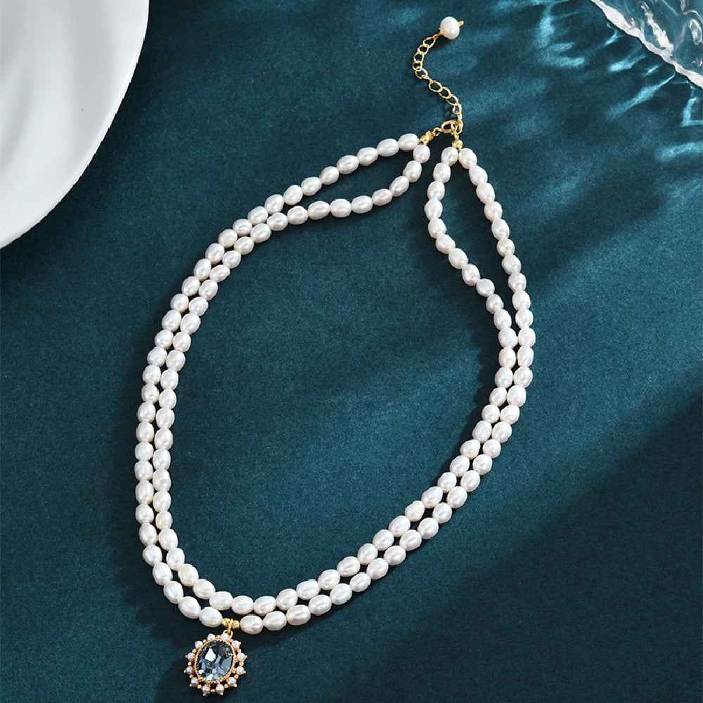Vintage Pearl Necklace - Double-Layer Natural Pearls with Alloy Gem Drop in European Style