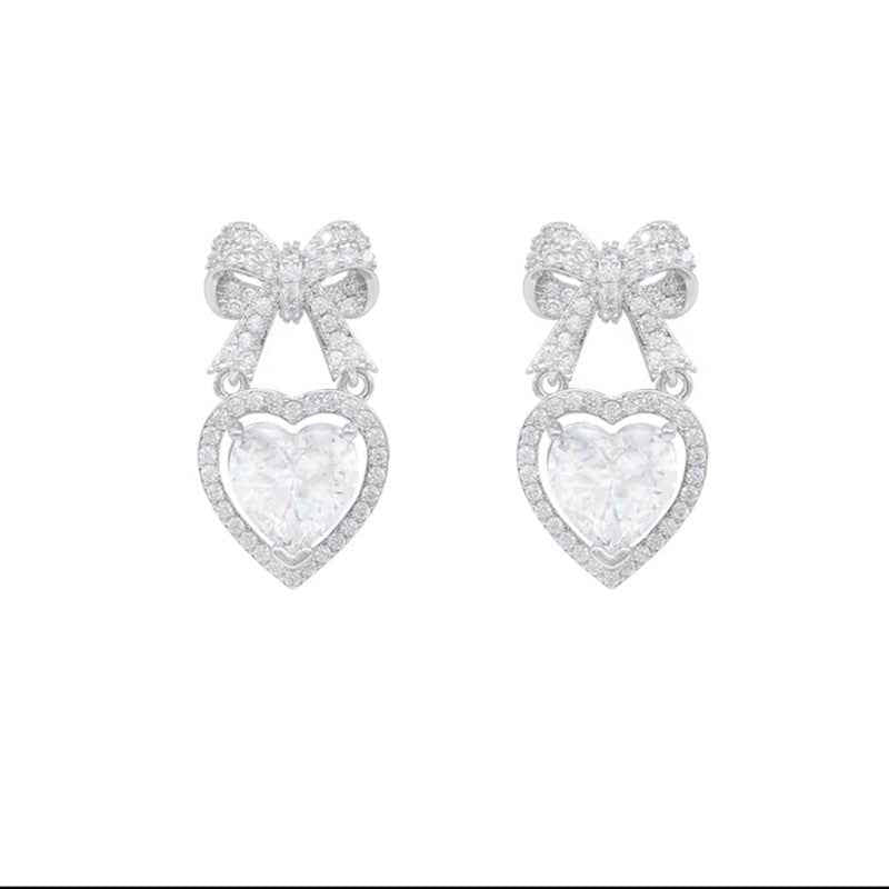 Romantic Heart Drop Earrings with Pave Bow Design