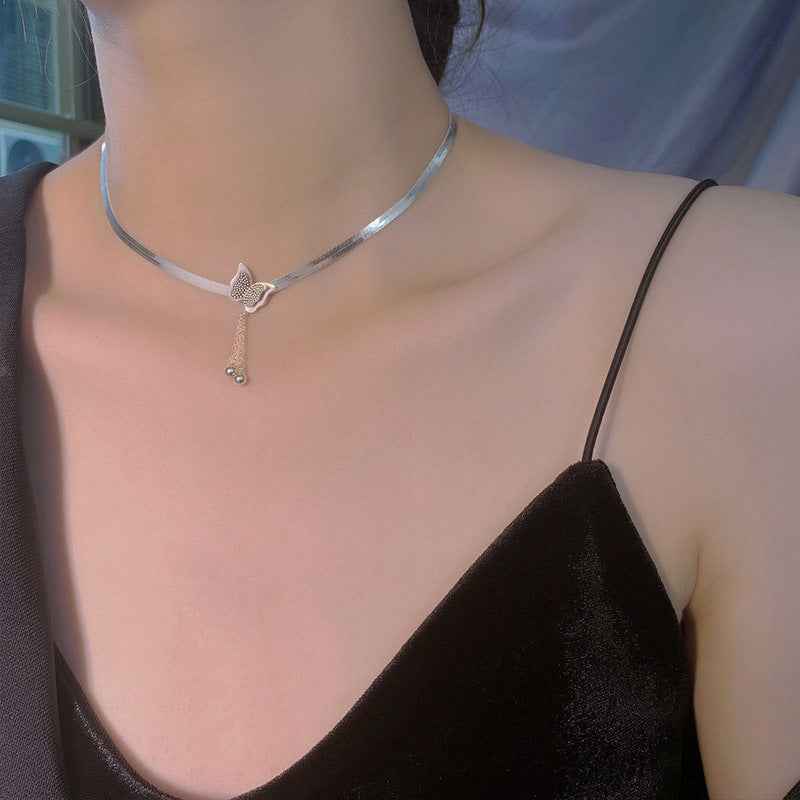 Flat Snake Bone Chain Necklace with Butterfly Pendant in S925 Sterling Silver – Korean Style Fashion Accessory