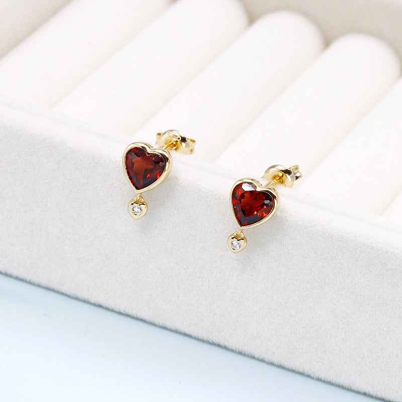 Natural Garnet Heart Stud Earrings in 925 Sterling Silver with Zircon Accents – Romantic Gemstone Jewelry