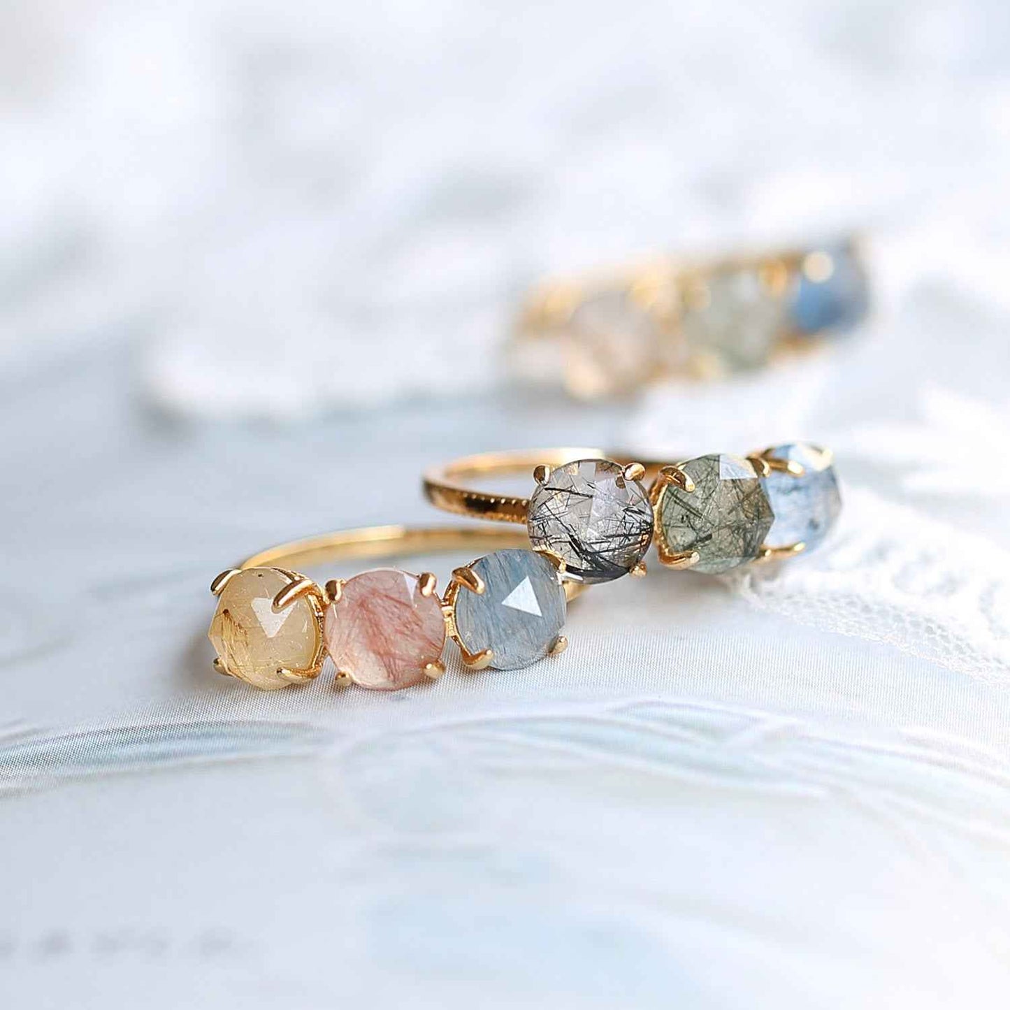 Raw Rutilated Quartz Trilogy Ring - Unique Raw Rutilated Quartz Ring for Statement Jewelry