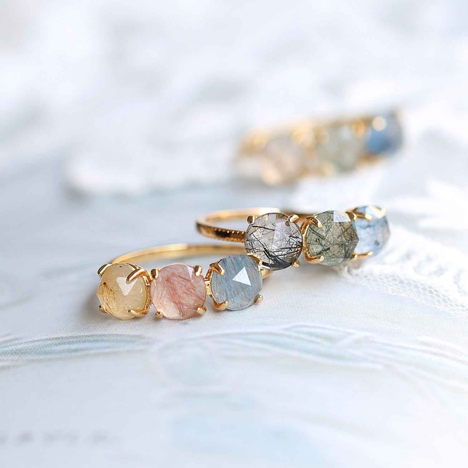 Raw Rutilated Quartz Trilogy Ring - Unique Raw Rutilated Quartz Ring for Statement Jewelry