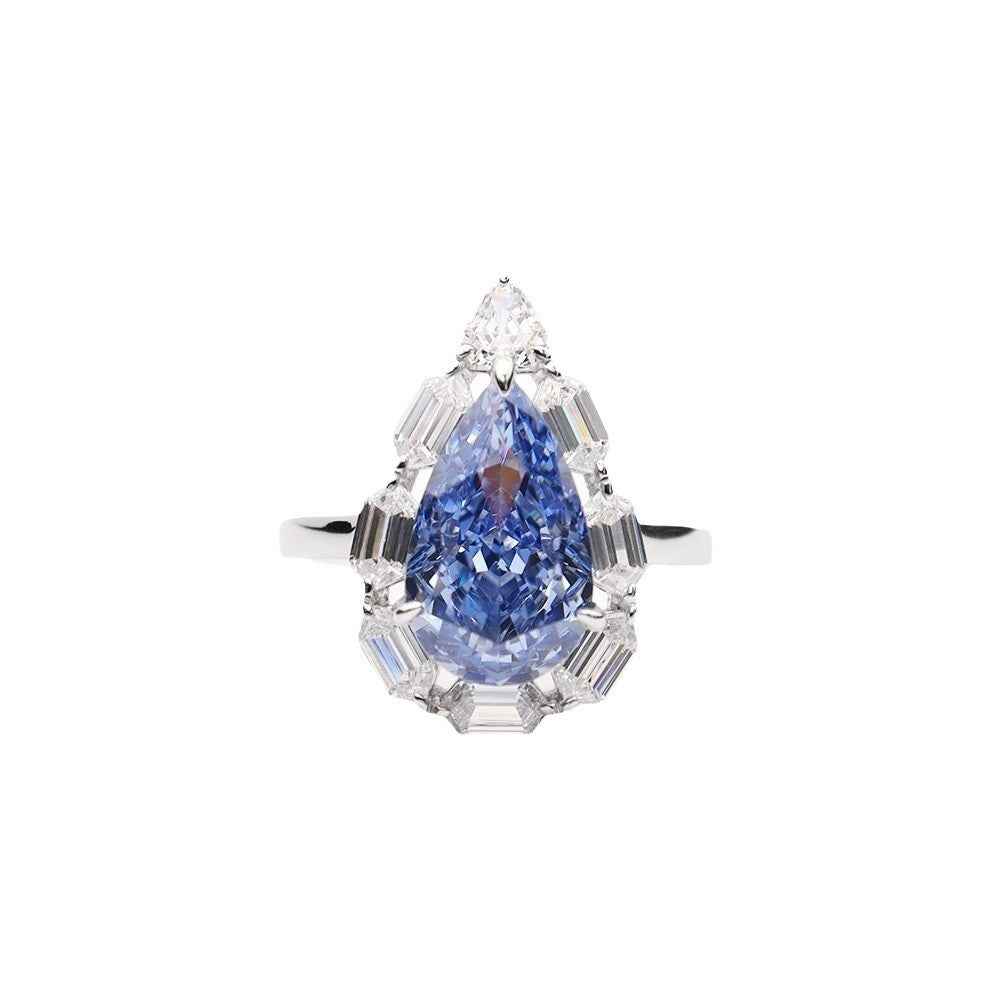 Blue Diamond Water Drop Ring - Ice Flower Cut Synthetic Gemstone & 925 Silver Women's Geometric Statement Jewelry