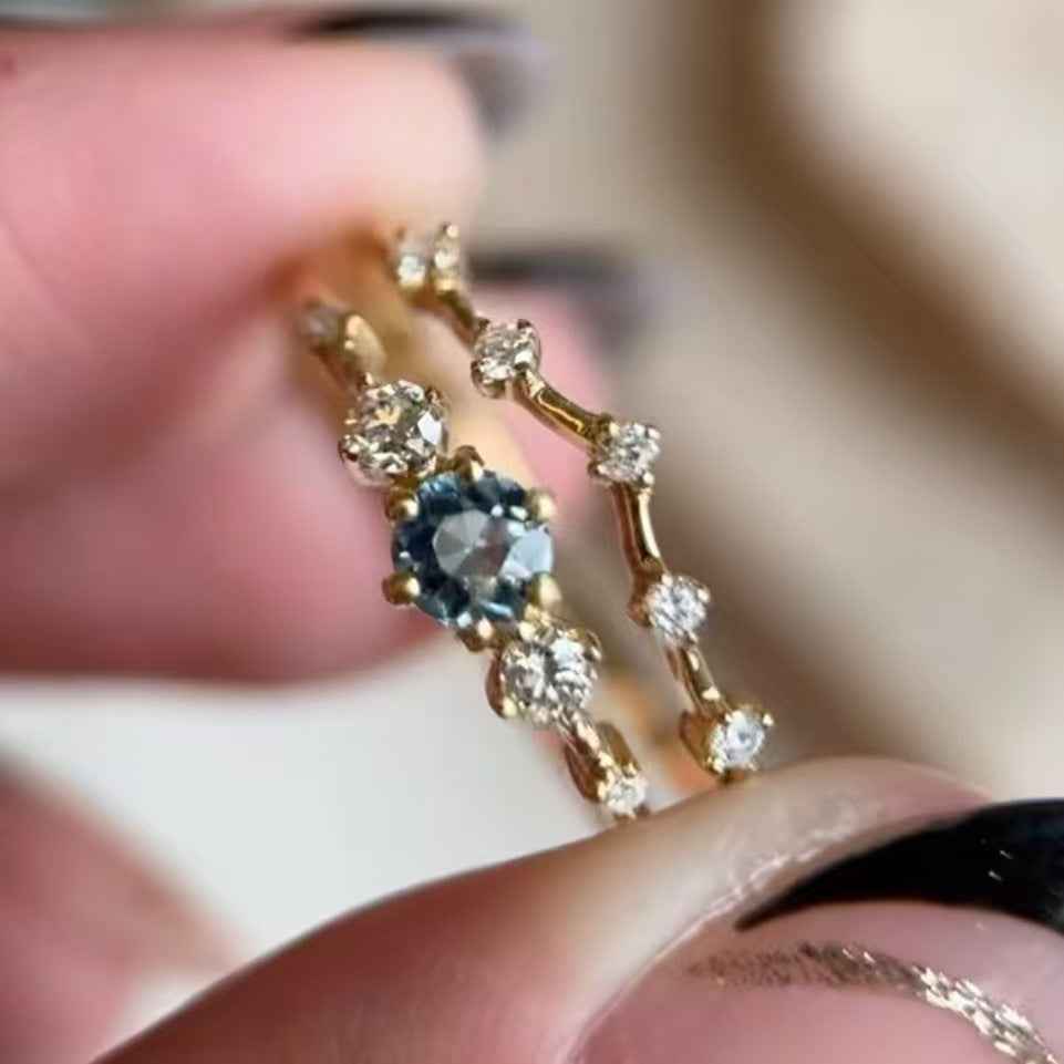 Sea Blue Diamond Couple Ring - Gold Flower Simple Jewelry for Women's Romantic Ocean-Inspired Gift