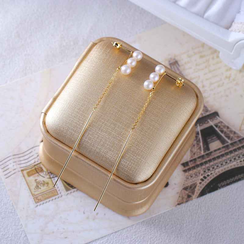 Natural Pearl Tassel Drop Earrings - Silver-Plated Linear Bar Design for Fashionable Office Style