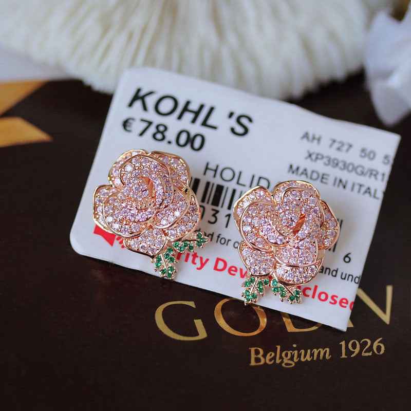 Layered Rose Earrings – Gold-Plated Eco Copper with Pink Cubic Zirconia and S925 Silver Posts