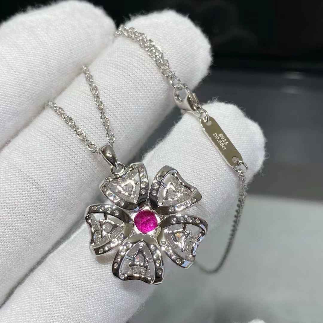 Red Square Pendant Necklace - Sterling Silver with Synthetic Ruby, Minimalist Design