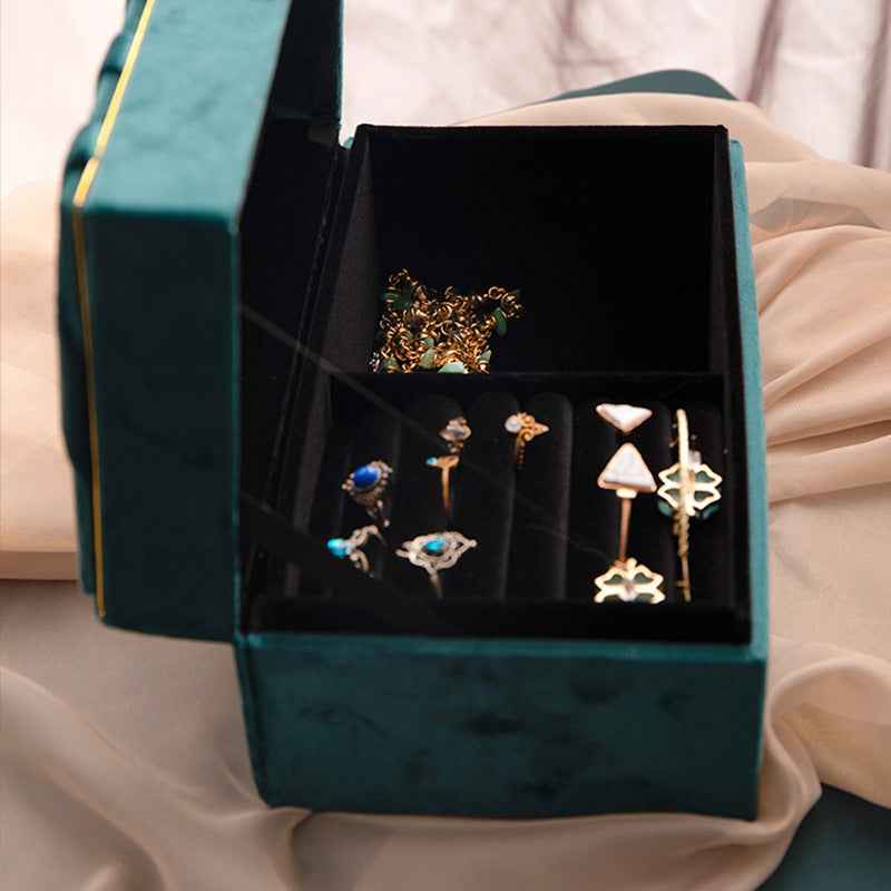 Blue Gold Flannel Jewelry Box - Elegant Organizer for Rings, Earrings, and Necklaces