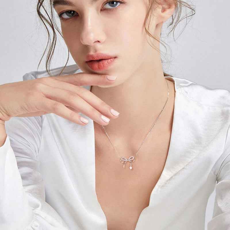 Sterling Silver Bow Necklace with Pave Design