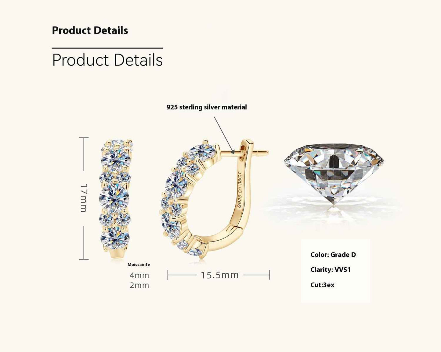 Moissanite Drop Earrings – Modern U-Shaped Design in Gold or White Finish, 1.38ct Total