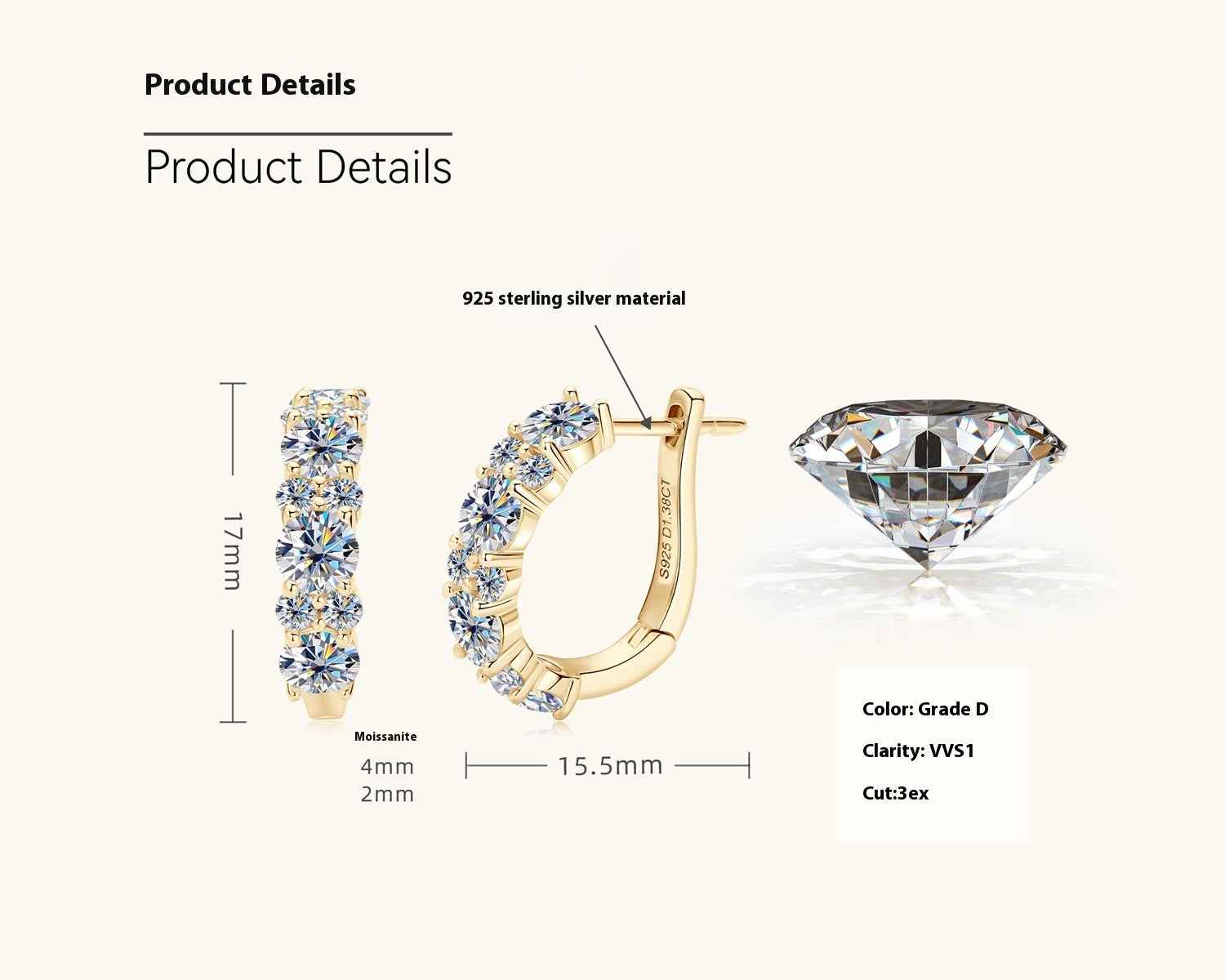Moissanite Drop Earrings – Modern U-Shaped Design in Gold or White Finish, 1.38ct Total