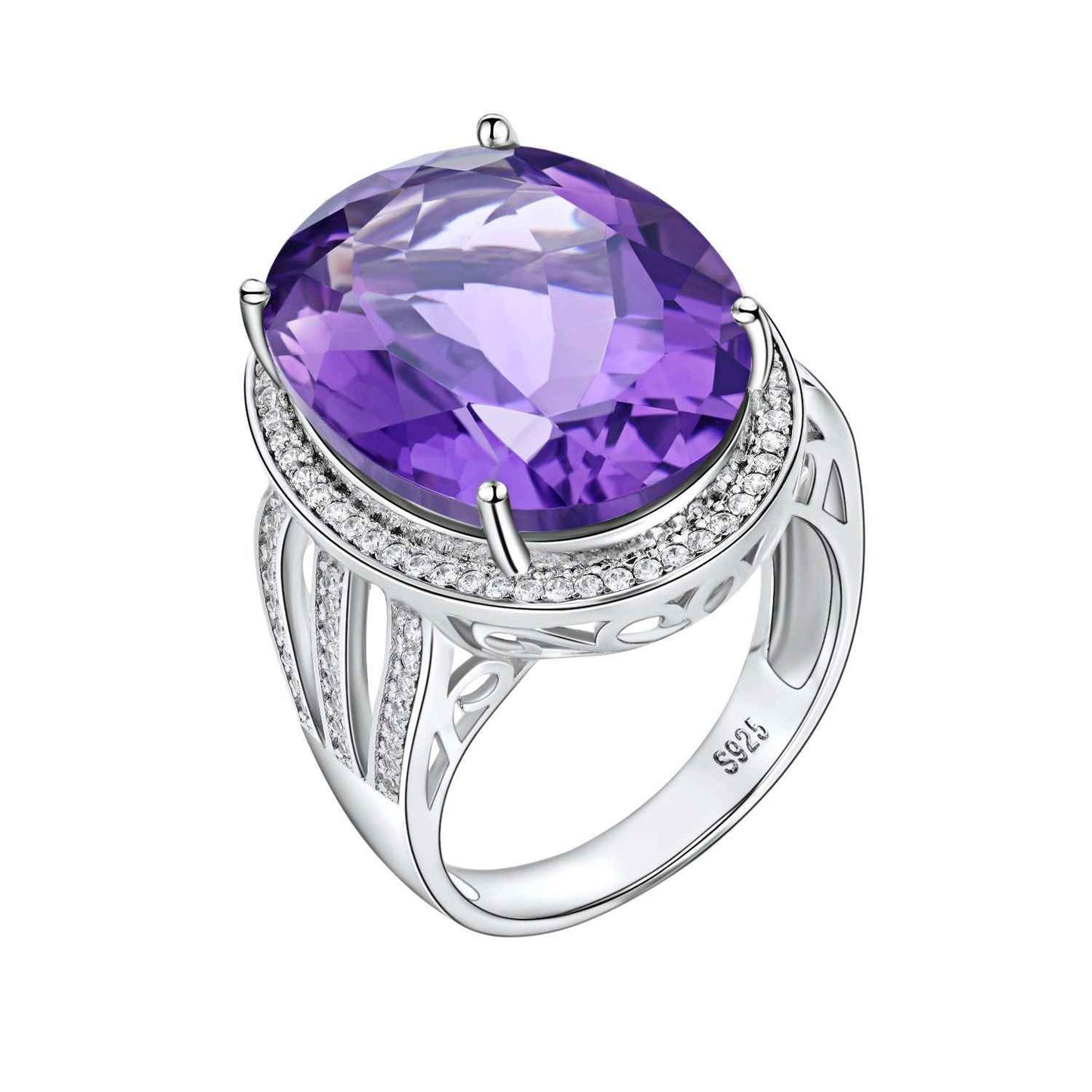 Grand Oval Amethyst Ring in Sterling Silver Halo Design