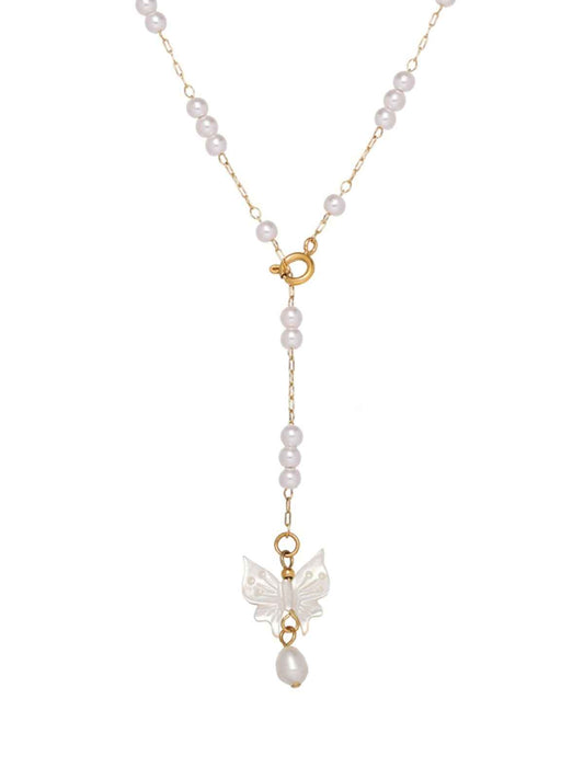 Natural Freshwater Pearl Butterfly Necklace – Elegant Shell Design with Twist Chain