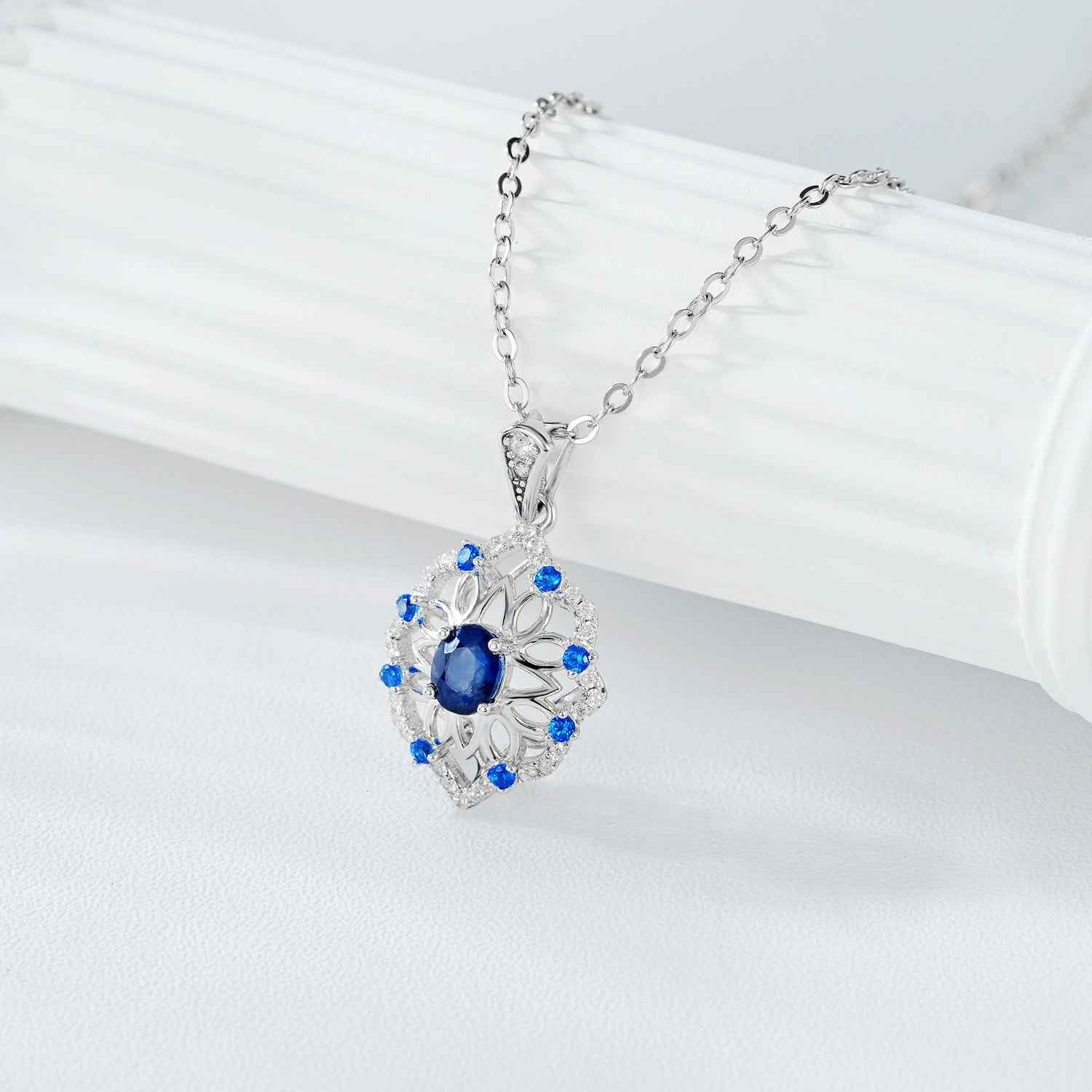 Natural Sapphire Flower Pendant Necklace | S925 Sterling Silver Vintage Retro Design with Adjustable Chain