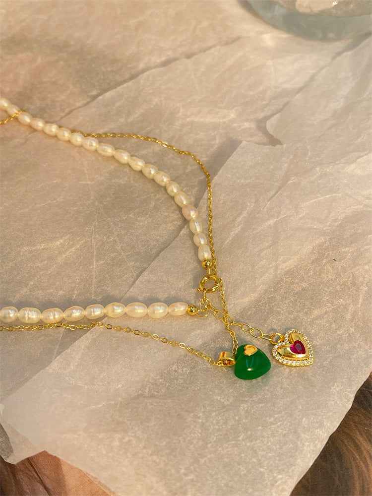 Mother-of-Pearl Pendant Necklace - Gold-Plated Hearts & Drops Motif with Adjustable Chain