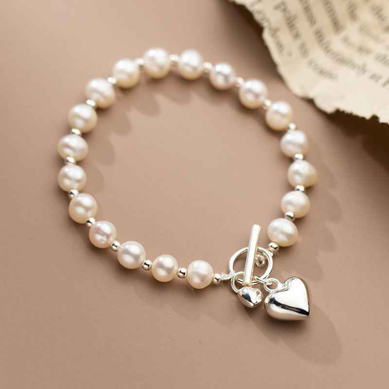 S925 Sterling Silver Love Pearl Bracelet – Elegant Heart Design for Feminine Charm