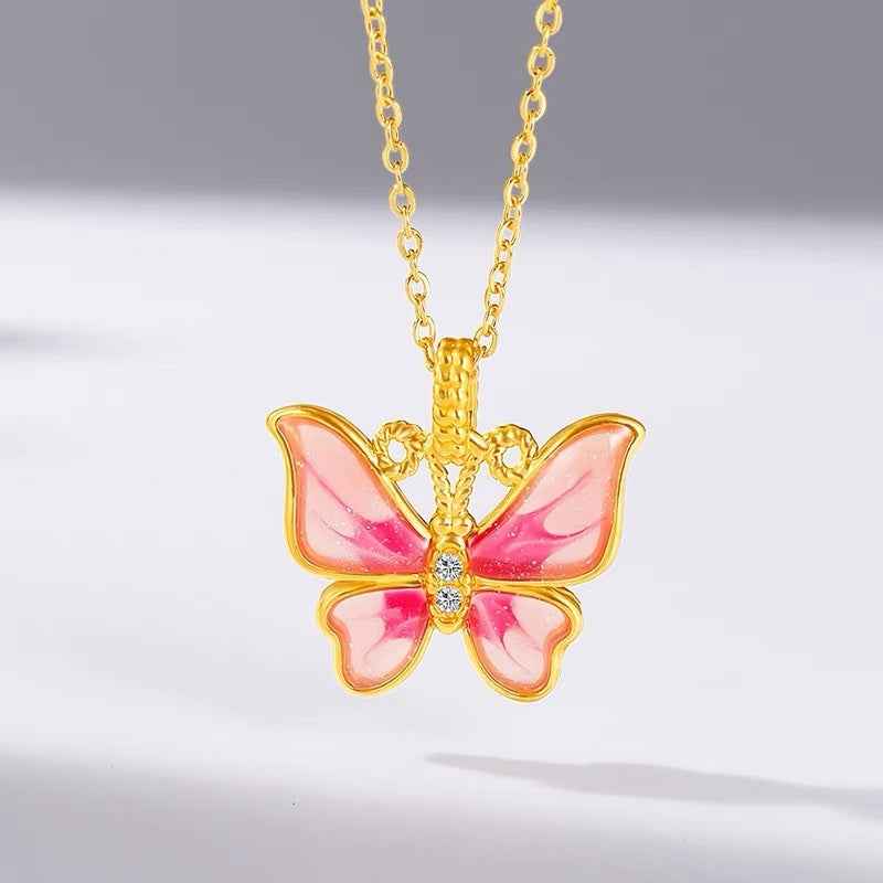 Enamel Butterfly Necklace - 18K Gold Color-Preserving Charm on Silver Chain, Versatile Luxury Accessory