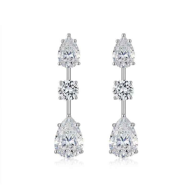 Pear Moissanite Dangle Earrings in Sterling Silver with Round Cut Design