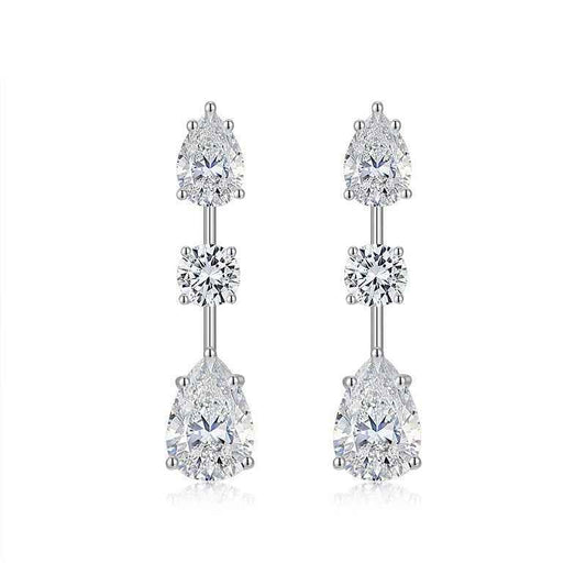 Pear Moissanite Dangle Earrings in Sterling Silver with Round Cut Design