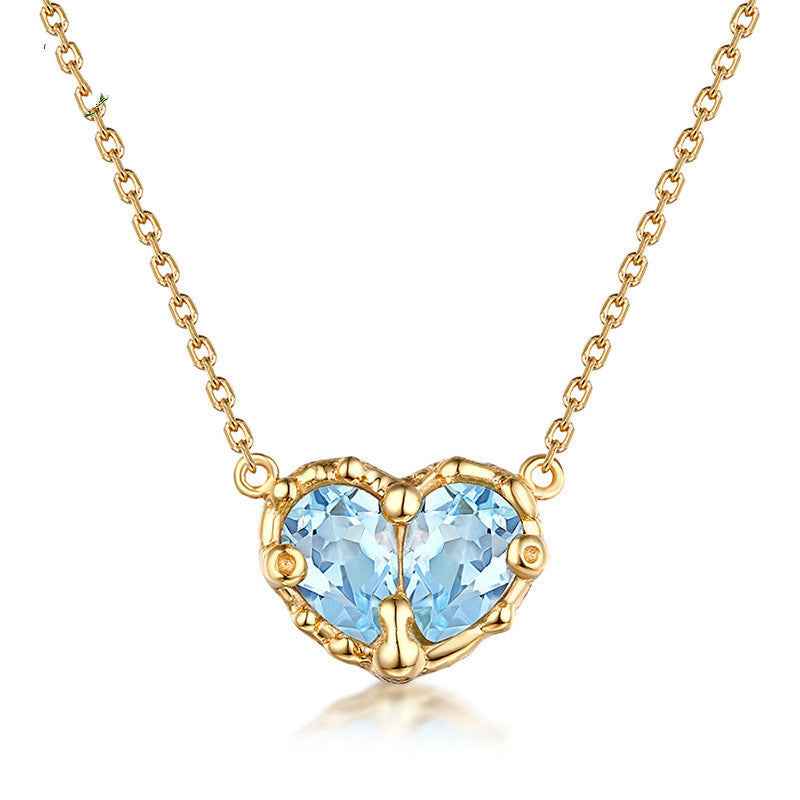 Heart-Shaped Gemstone Necklace - S925 Gold-Plated Natural Topaz or Pink Crystal, Adjustable Design