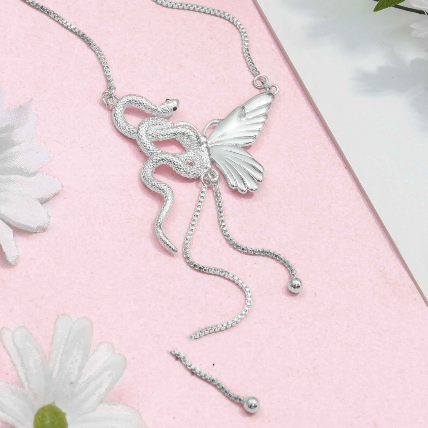 Butterfly Snake Pendant Necklace – Unisex Silver-Plated Copper Bold Statement Design