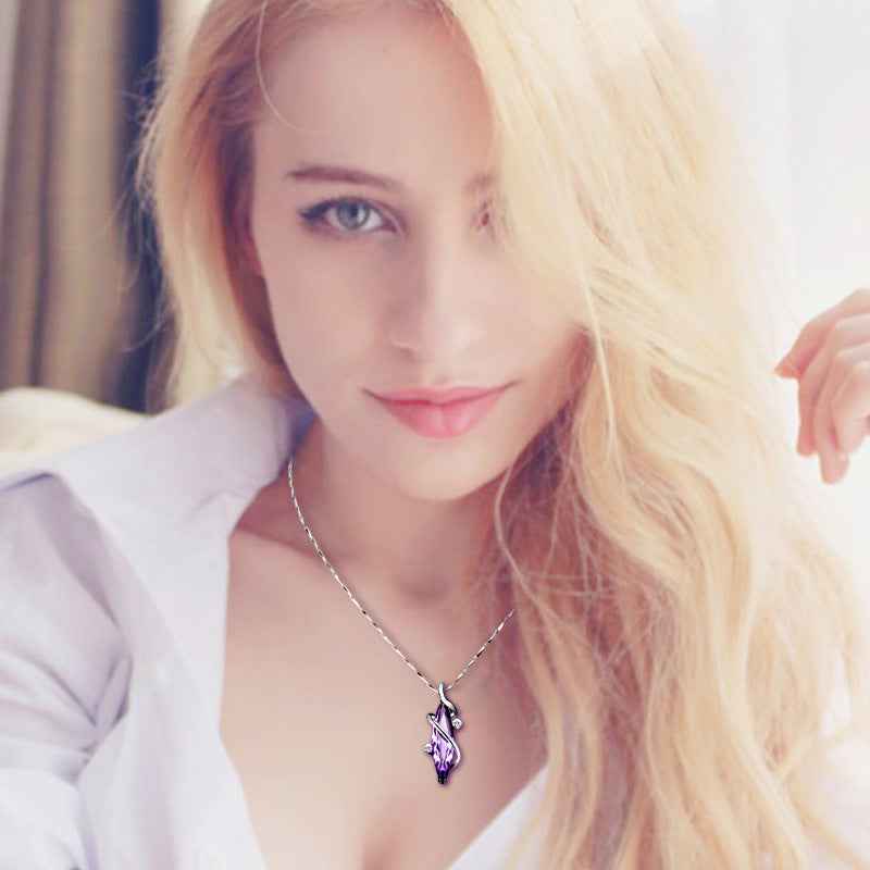 Purple Crystal Pendant Necklace in S925 Sterling Silver – Four Leaf Clover or Love Design