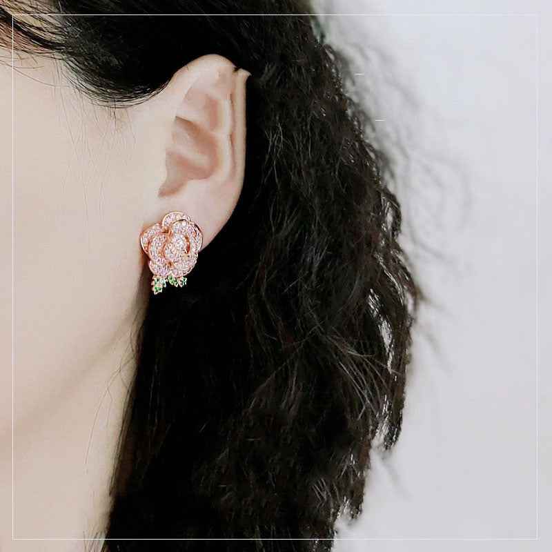Layered Rose Earrings – Gold-Plated Eco Copper with Pink Cubic Zirconia and S925 Silver Posts